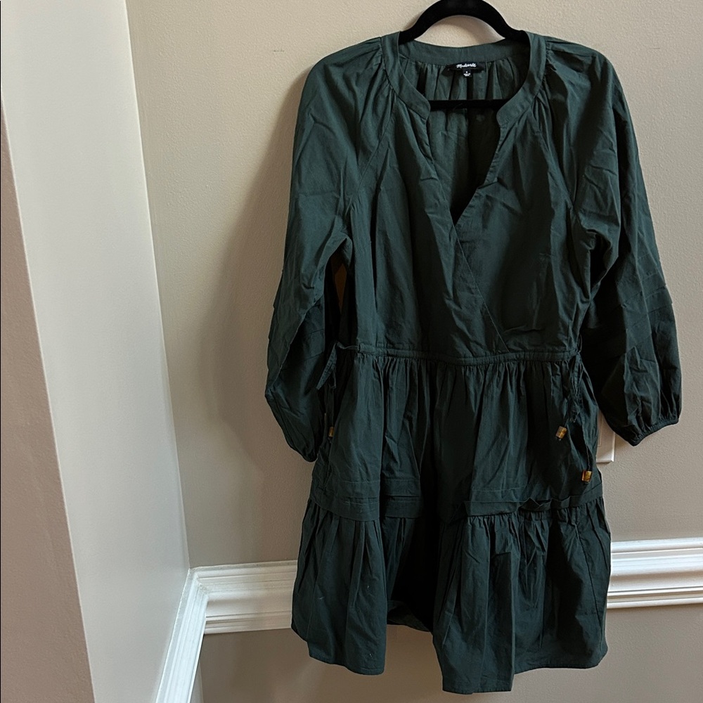 Madewell Crinkle Poplin Wrap Mini Dress in Dark Palm Green Size Small